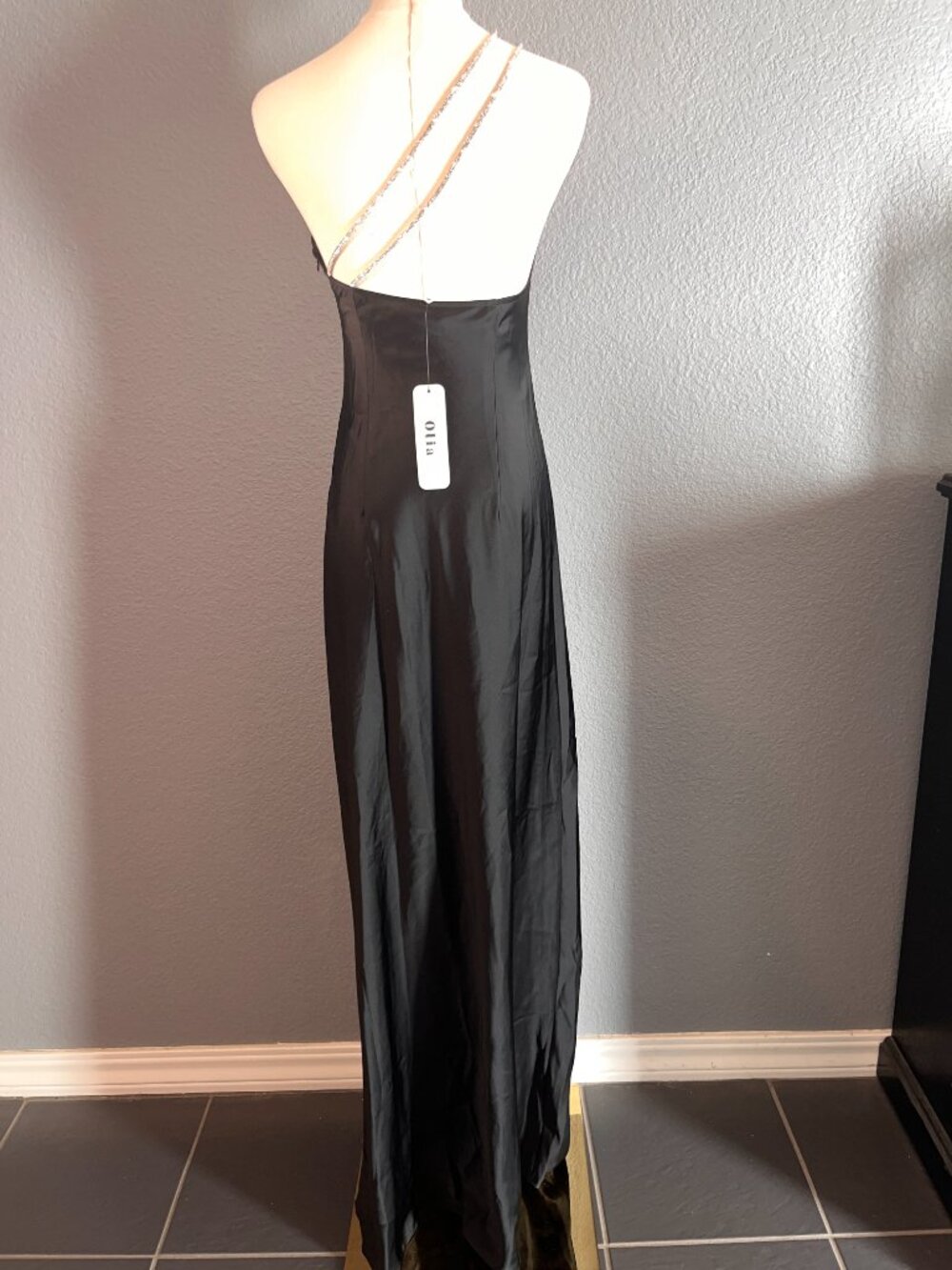 OLIA - ONE SHOULDER CRYSTAL STRAPS BLACK SATIN GOWN - NEW WITH TAGS - SIZE SMALL